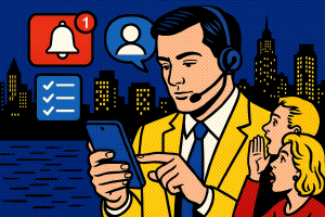 Illustration of support agent using app in a city skyline at night setting, with a focused mood.