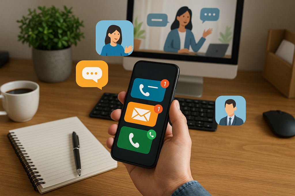 Illustration of hand holding phone with notifications in a home office desk setting, with a creative mood.