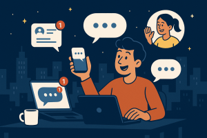 Illustration of person managing messages from devices in a city skyline at night setting, with a inspired mood.