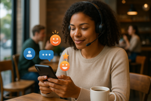 Illustration of support agent using app in a coffee shop setting setting, with a relaxed mood.