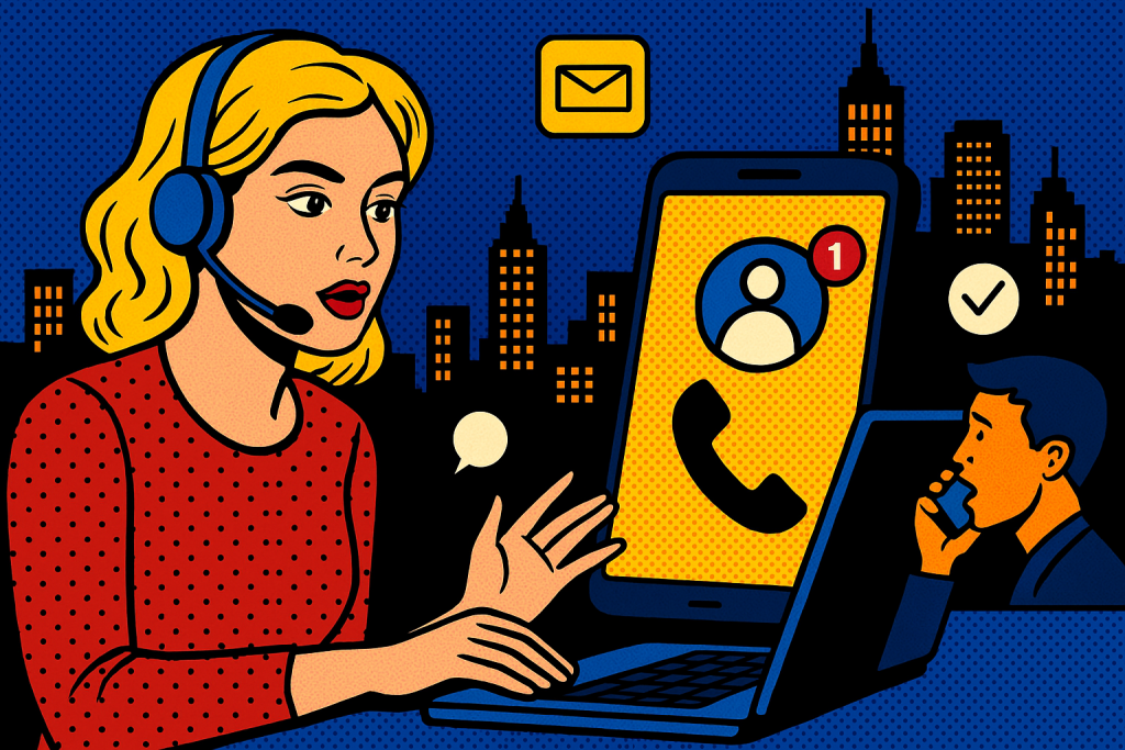 Illustration of virtual phone number concept on screen in a city skyline at night setting, with a focused mood.