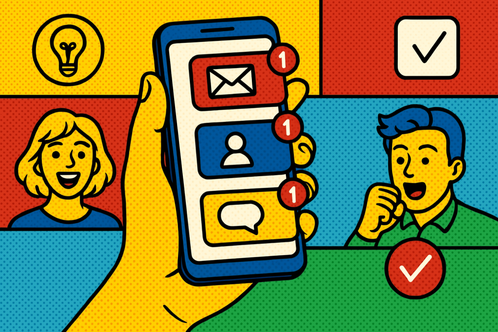 Illustration of hand holding phone with notifications in a minimal app interface setting, with a creative mood.