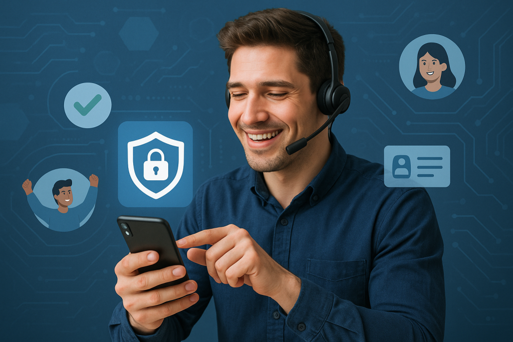 Illustration of support agent using app in a abstract tech patterns setting, with a happy mood.