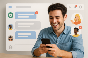 Illustration of user texting with multiple chat bubbles in a minimal app interface setting, with a happy mood.