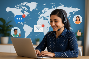 Illustration of support agent using app in a global network map setting, with a relaxed mood.