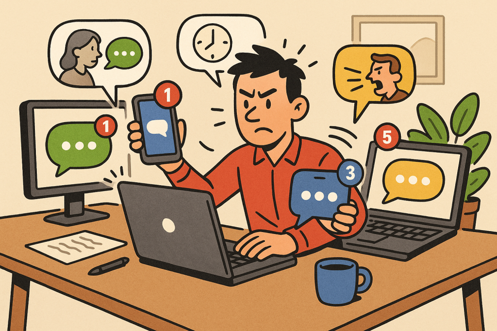 Illustration of person managing messages from devices in a home office desk setting, with a determined mood.