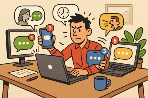 Illustration of person managing messages from devices in a home office desk setting, with a determined mood.