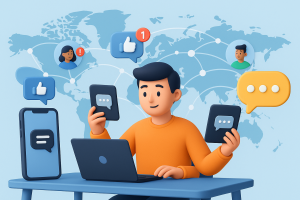 Illustration of person managing messages from devices in a global network map setting, with a inspired mood.