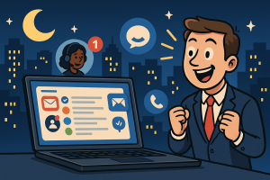 Illustration of laptop displaying unified inbox in a city skyline at night setting, with a inspired mood.