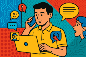 Illustration of person managing messages from devices in a abstract tech patterns setting, with a focused mood.