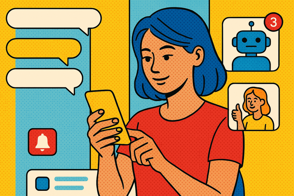 Illustration of user texting with multiple chat bubbles in a minimal app interface setting, with a relaxed mood.