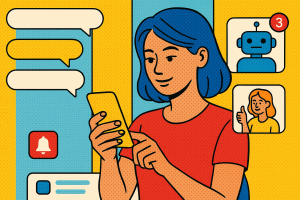 Illustration of user texting with multiple chat bubbles in a minimal app interface setting, with a relaxed mood.