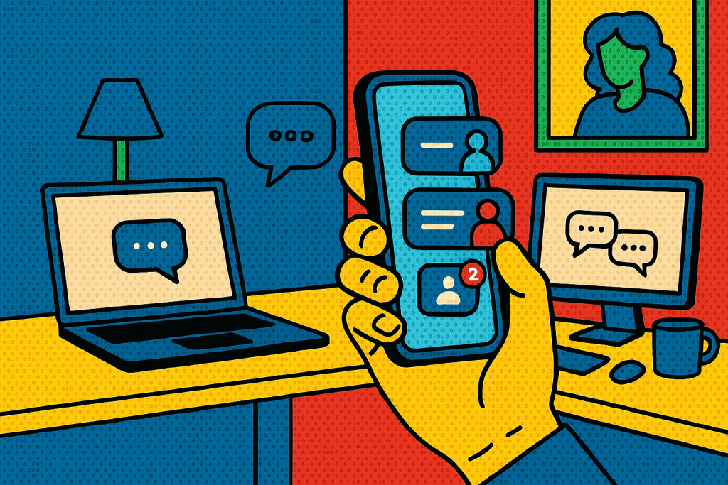 Illustration of hand holding phone with notifications in a home office desk setting, with a focused mood.