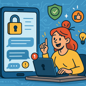 Illustration of private conversation interface demo in a abstract tech patterns setting, with a inspired mood.