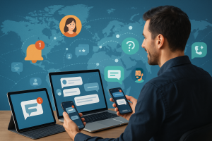 Illustration of person managing messages from devices in a global network map setting, with a inspired mood.