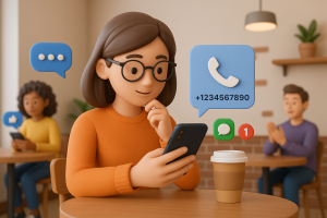 Illustration of virtual phone number concept on screen in a coffee shop setting setting, with a focused mood.