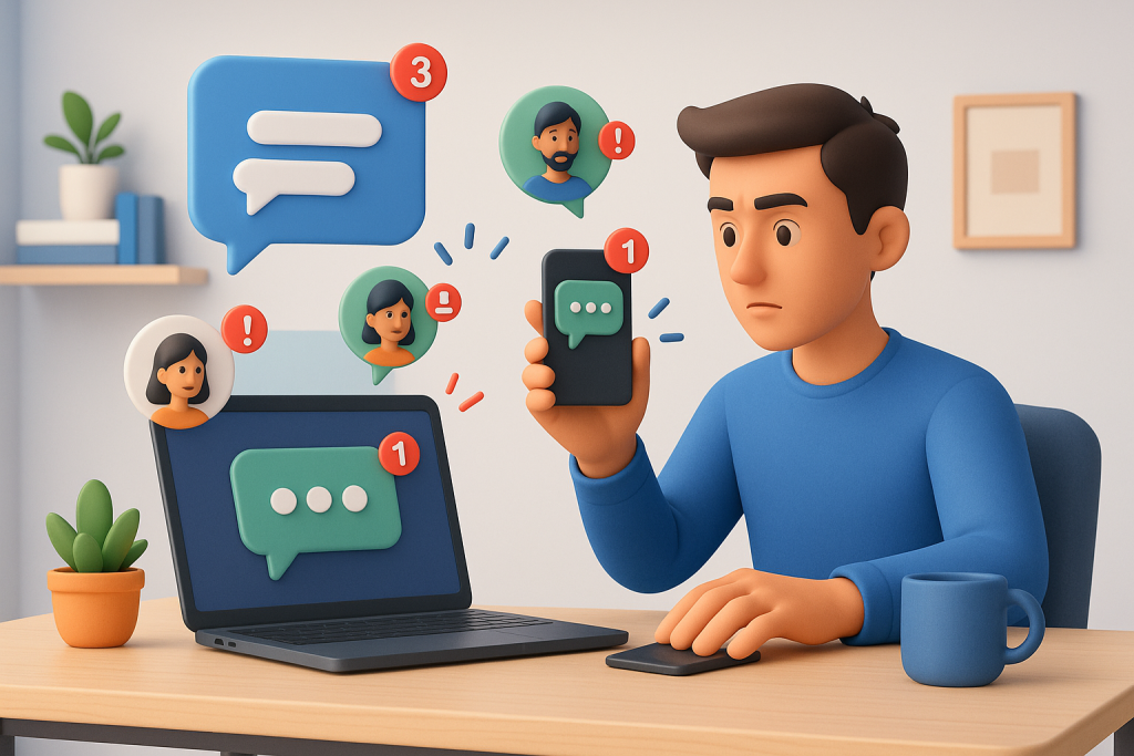 Illustration of person managing messages from devices in a modern workspace setting, with a determined mood.