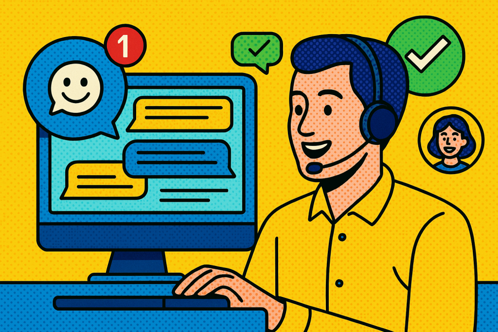 Illustration of support agent using app in a clean digital dashboard setting, with a happy mood.
