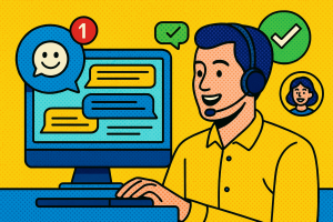 Illustration of support agent using app in a clean digital dashboard setting, with a happy mood.