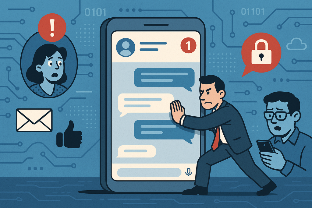 Illustration of private conversation interface demo in a abstract tech patterns setting, with a determined mood.
