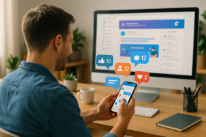 Illustration of user texting with multiple chat bubbles in a home office desk setting, with a happy mood.