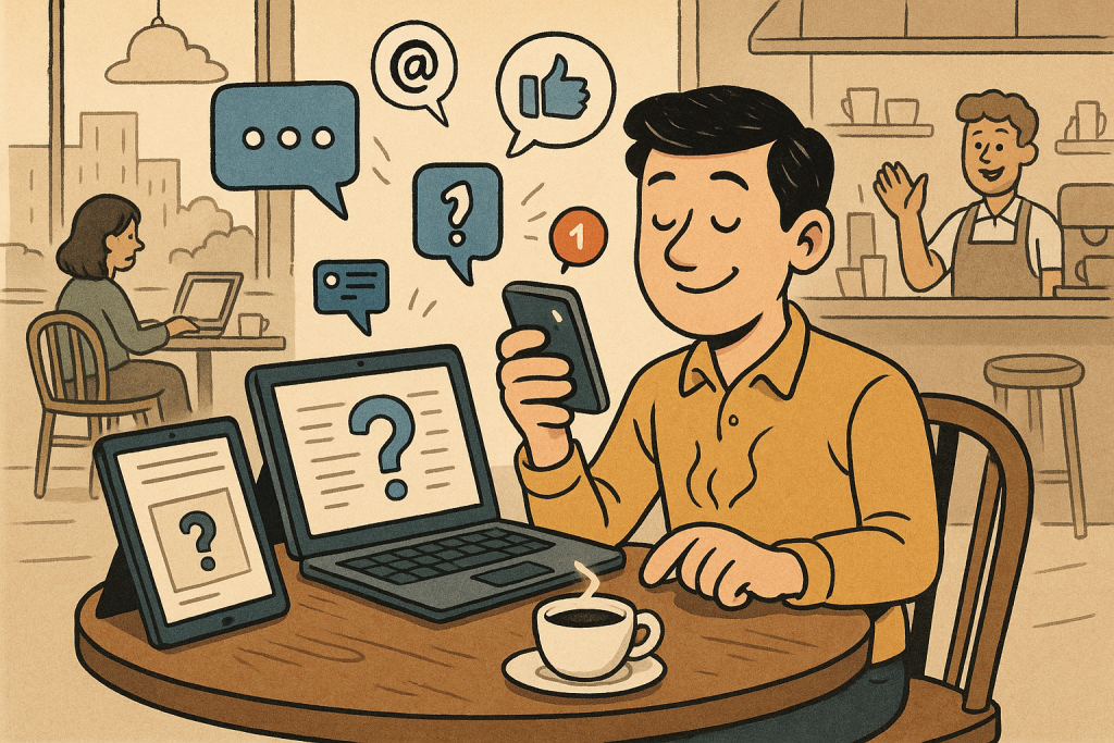 Illustration of person managing messages from devices in a coffee shop setting setting, with a relaxed mood.