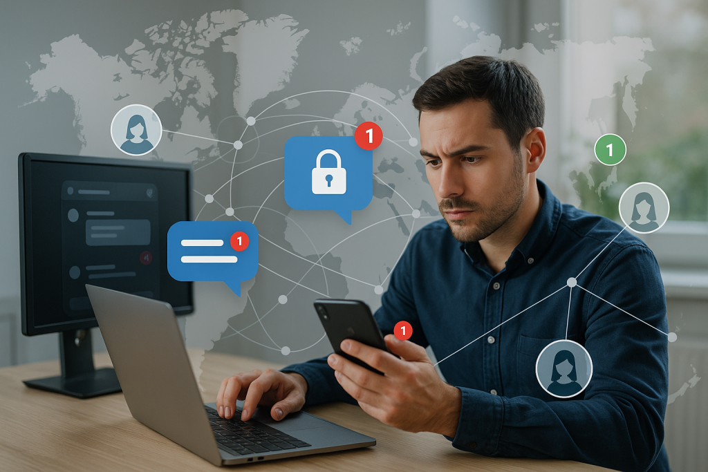 Illustration of person managing messages from devices in a global network map setting, with a focused mood.
