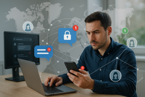 Illustration of person managing messages from devices in a global network map setting, with a focused mood.