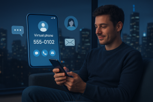 Illustration of virtual phone number concept on screen in a city skyline at night setting, with a relaxed mood.