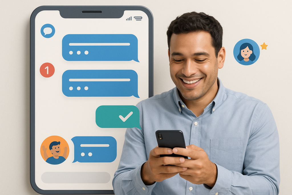 Illustration of user texting with multiple chat bubbles in a minimal app interface setting, with a happy mood.