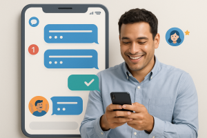 Illustration of user texting with multiple chat bubbles in a minimal app interface setting, with a happy mood.