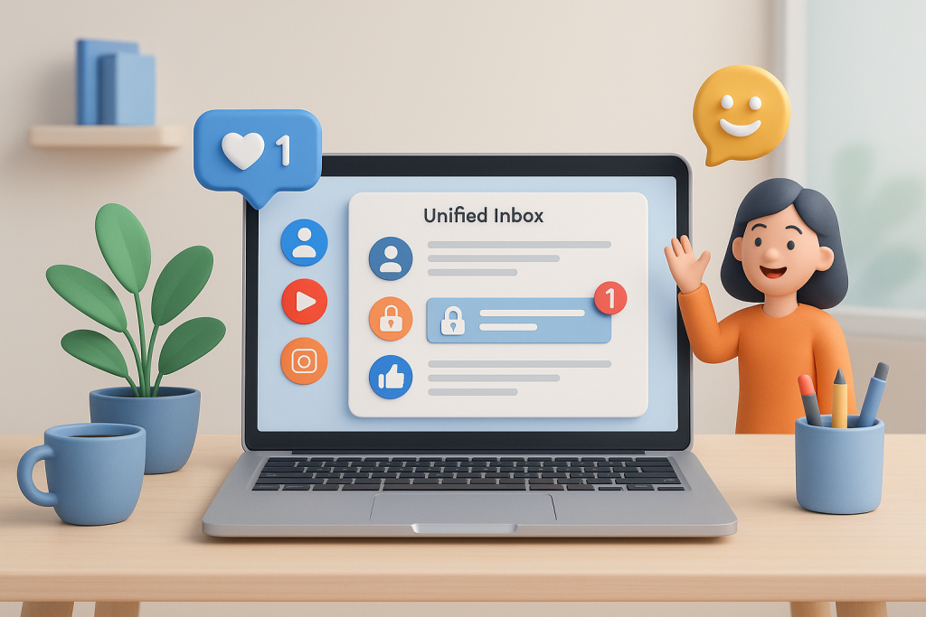 Illustration of laptop displaying unified inbox in a modern workspace setting, with a happy mood.