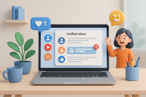 Illustration of laptop displaying unified inbox in a modern workspace setting, with a happy mood.