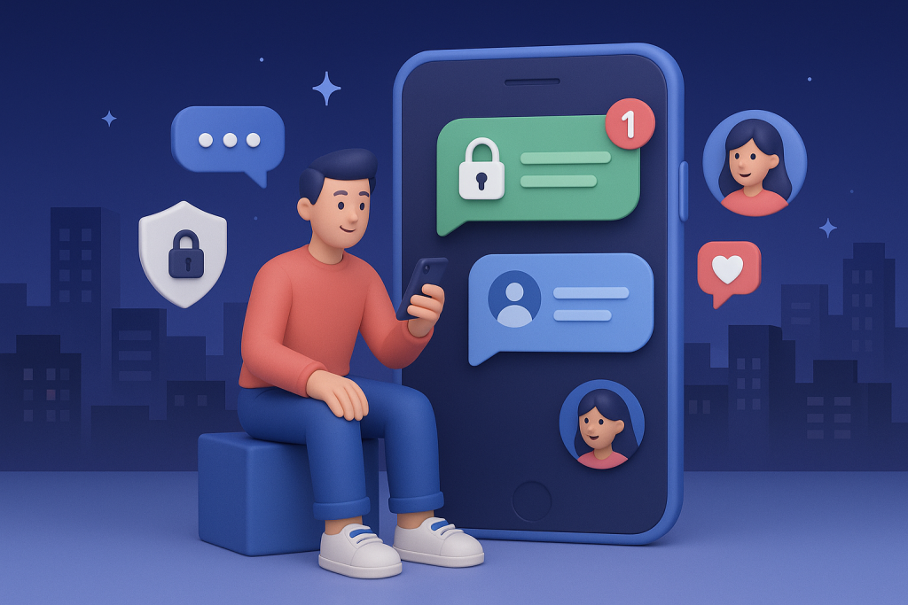 Illustration of private conversation interface demo in a city skyline at night setting, with a creative mood.