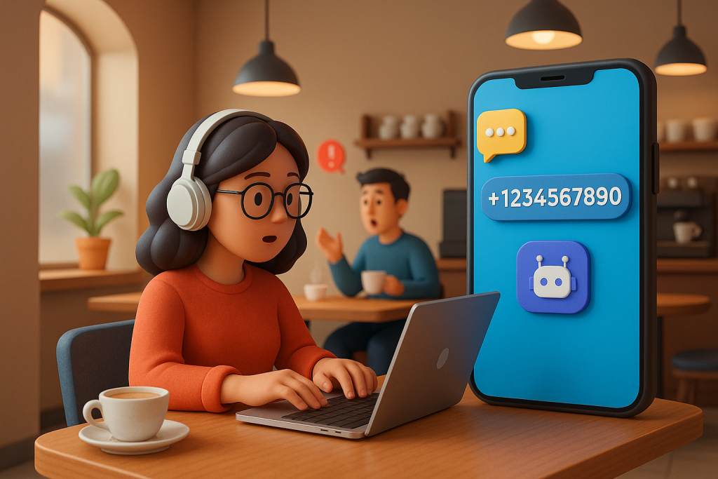 Illustration of virtual phone number concept on screen in a coffee shop setting setting, with a determined mood.