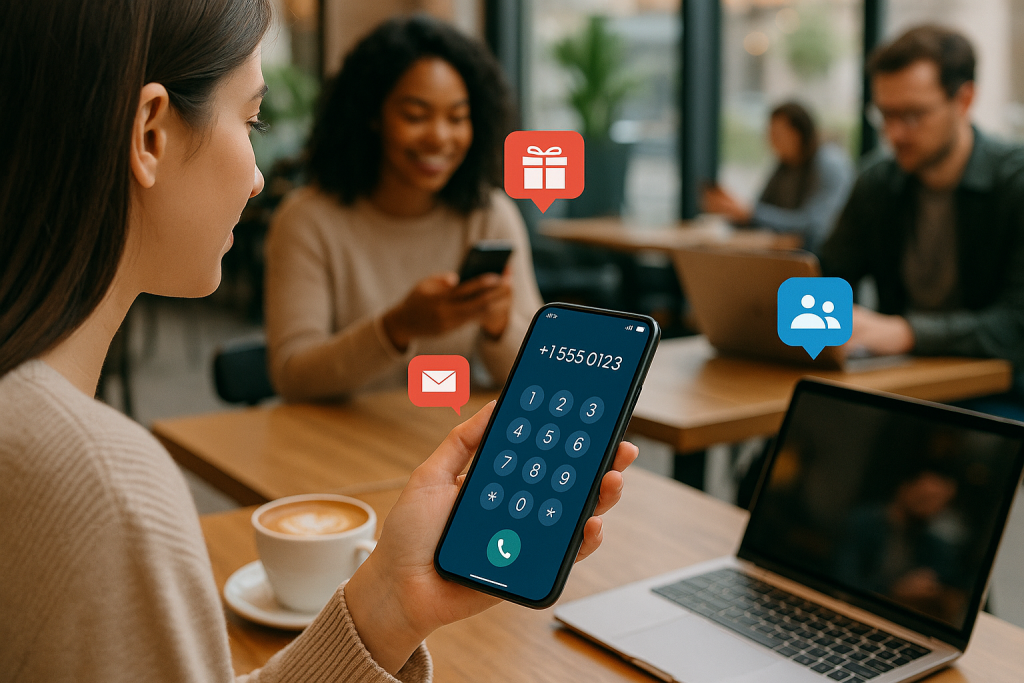 Illustration of virtual phone number concept on screen in a coffee shop setting setting, with a relaxed mood.