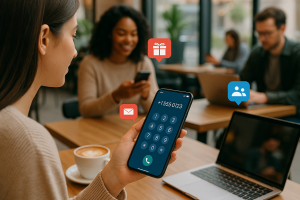 Illustration of virtual phone number concept on screen in a coffee shop setting setting, with a relaxed mood.