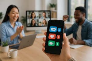 Illustration of hand holding phone with notifications in a modern workspace setting, with a happy mood.