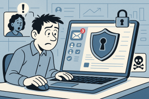 Illustration of laptop displaying unified inbox in a clean digital dashboard setting, with a focused mood.