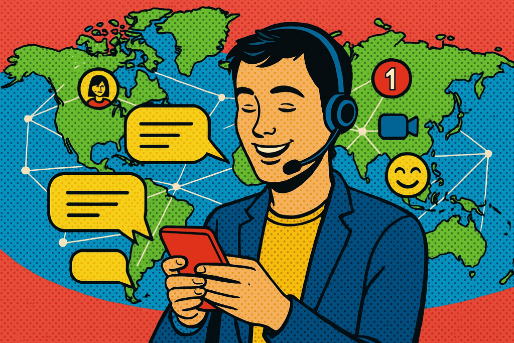 Illustration of user texting with multiple chat bubbles in a global network map setting, with a happy mood.