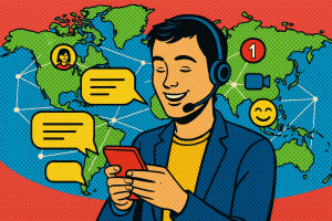 Illustration of user texting with multiple chat bubbles in a global network map setting, with a happy mood.