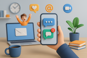 Illustration of hand holding phone with notifications in a modern workspace setting, with a inspired mood.