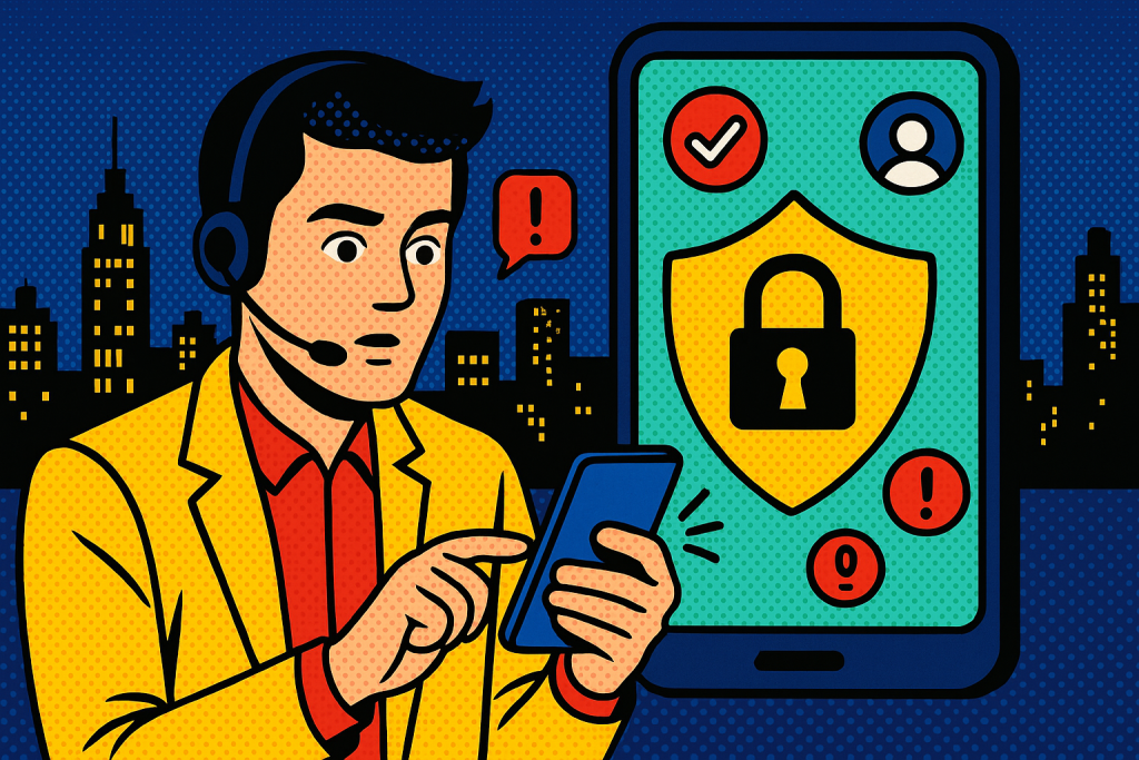 Illustration of support agent using app in a city skyline at night setting, with a focused mood.