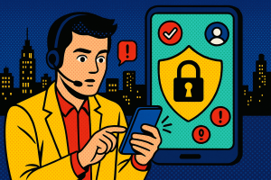 Illustration of support agent using app in a city skyline at night setting, with a focused mood.