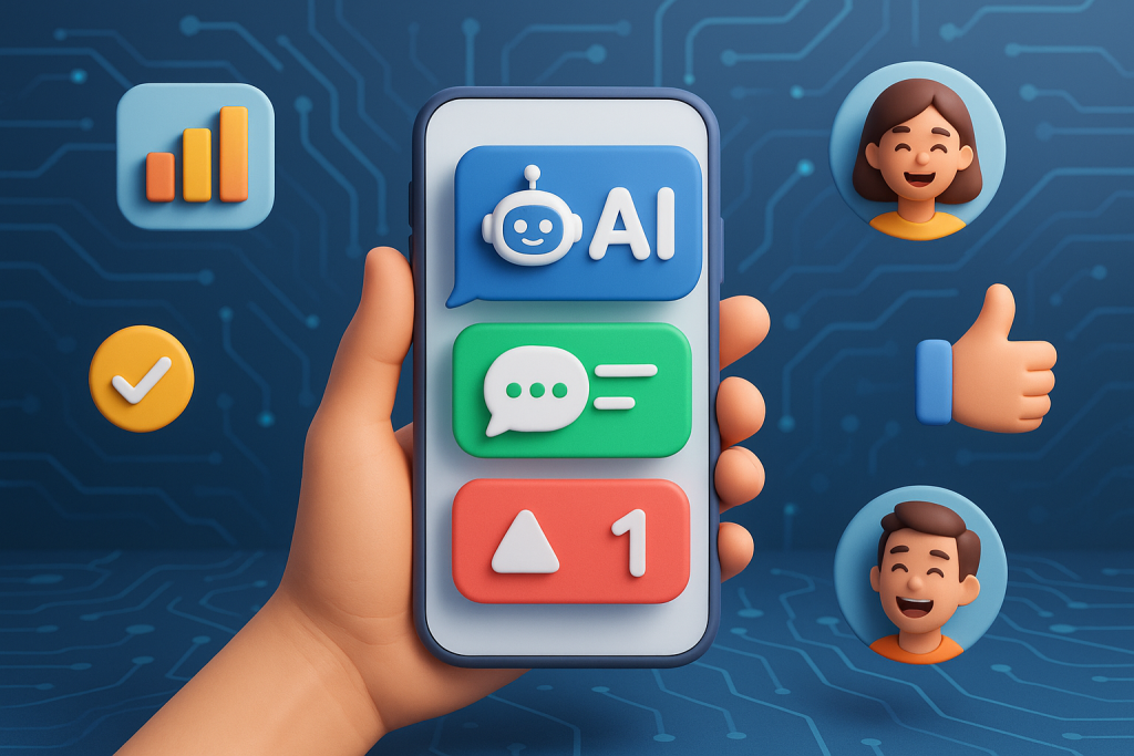 Illustration of hand holding phone with notifications in a abstract tech patterns setting, with a happy mood.