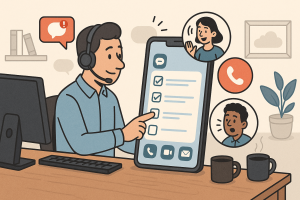 Illustration of support agent using app in a home office desk setting, with a focused mood.