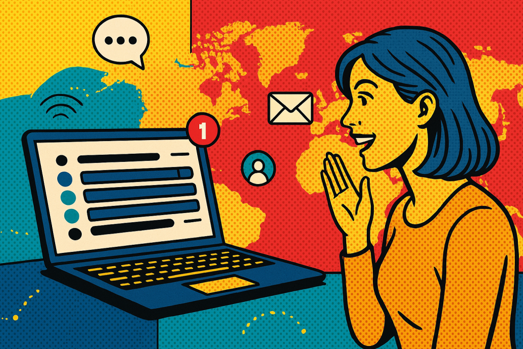 Illustration of laptop displaying unified inbox in a global network map setting, with a inspired mood.