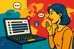 Illustration of laptop displaying unified inbox in a global network map setting, with a inspired mood.