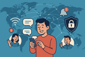 Illustration of user texting with multiple chat bubbles in a global network map setting, with a happy mood.