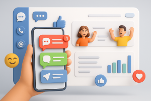 Illustration of hand holding phone with notifications in a clean digital dashboard setting, with a happy mood.